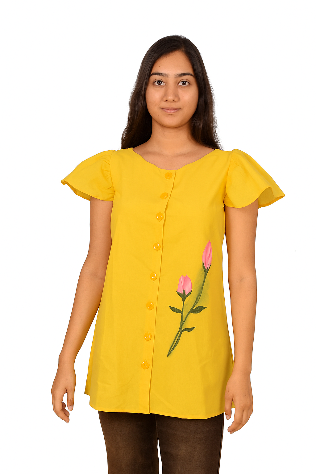 Mustard Yellow Pochampally Cotton Top with Handpainted Design